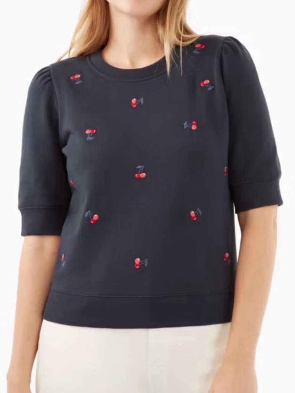 Womens Kate Spade ' Navy Cherry Embroidered Short-Sleeve Sweatshirt